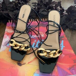 Fashion Nova Black Heels with Gold Chain Detail